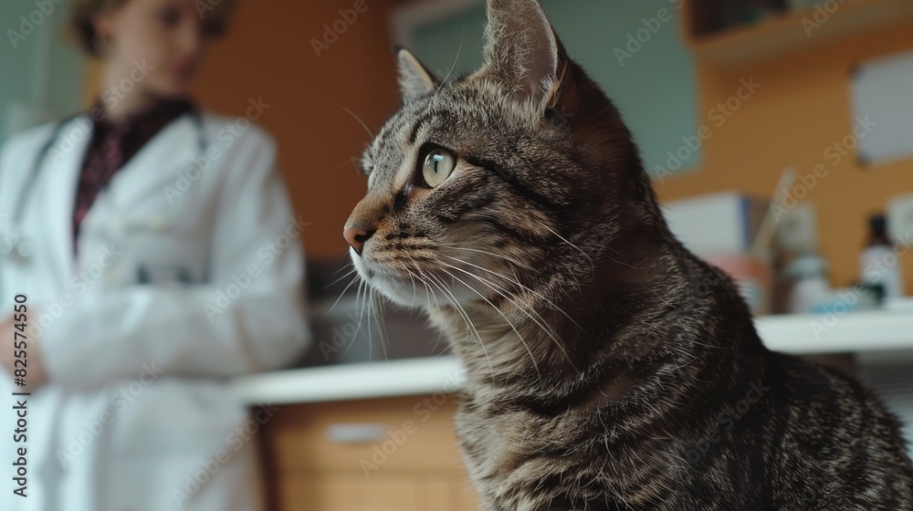 Portrait of a cat with a doctor in a white coat in the background Portrait of a cat with a doctor in a white coat in the background