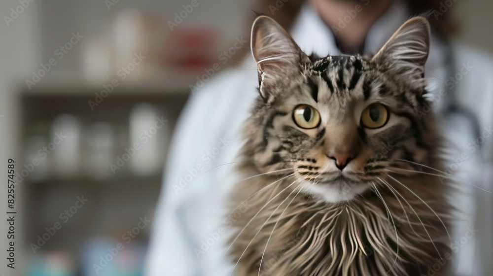 Naklejka premium Portrait of a cat with a doctor in a white coat in the background
