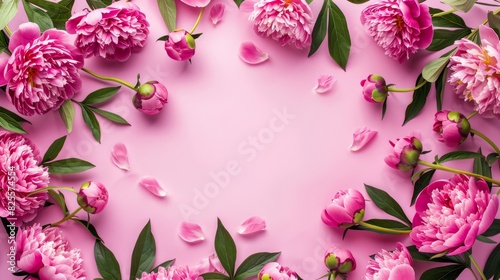 Frame made of beautiful peony flowers on pink background. Flat lay, copy space, summer flowers