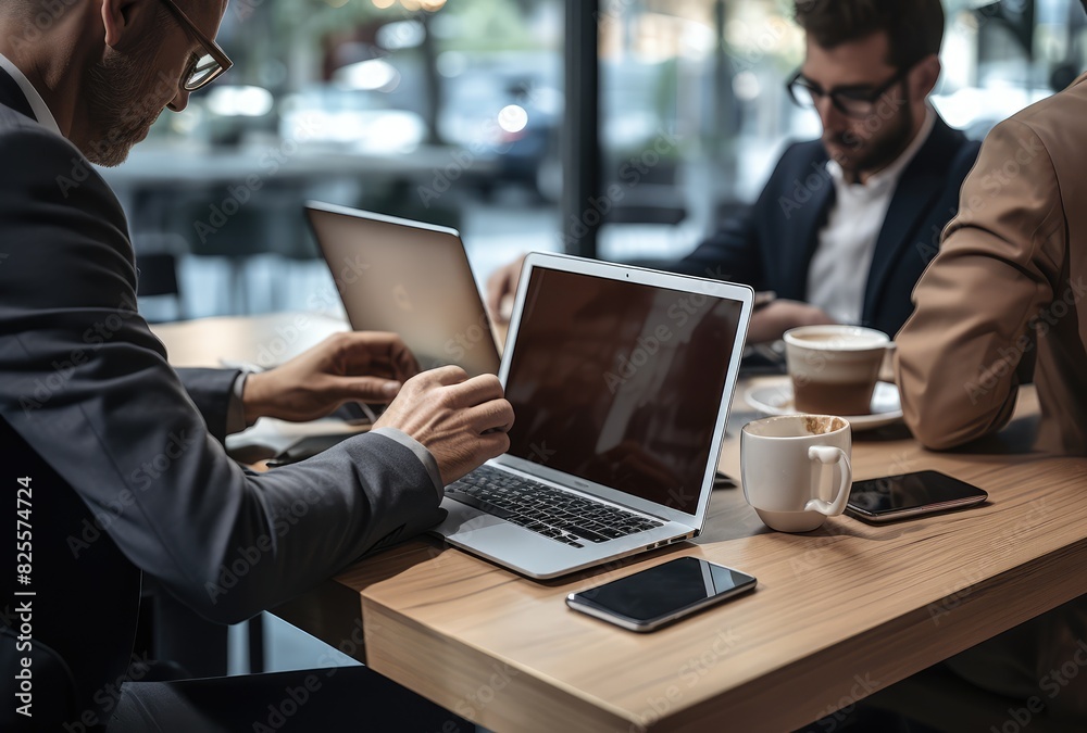 two people sitting at a table with two laptops and a phone two people sitting at a table with two laptops and a phone
