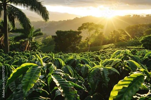 Golden sunrise casting light on a vibrant coffee farm with rolling hills and palm trees in the background