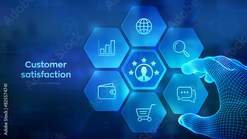 Customer satisfaction. Customer survey and feedback analytics. Using AI and automation technology in marketing for customer service. Hand places an element into a composition. Vector illustration.