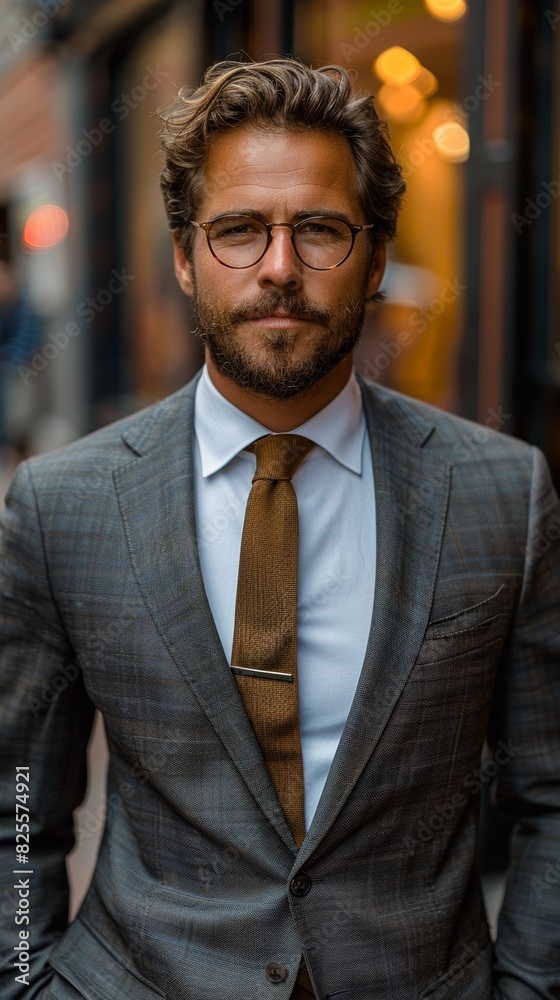 A confident gentleman in a sophisticated gray checkered suit, complemented by a golden brown tie and round glasses, stands poised in an urban setting A confident gentleman in a sophisticated gray checkered suit, complemented by a golden brown tie and round glasses, stands poised in an urban setting