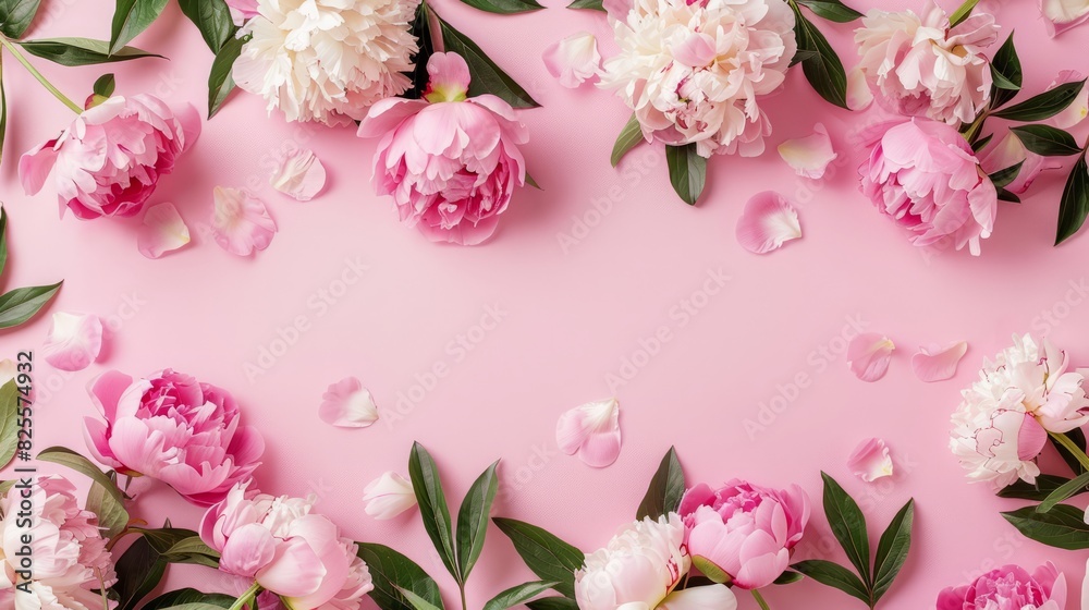 Frame made of beautiful peony flowers on pink background. Flat lay, copy space, summer flowers Frame made of beautiful peony flowers on pink background. Flat lay, copy space, summer flowers