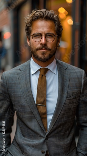A confident gentleman in a sophisticated gray checkered suit, complemented by a golden brown tie and round glasses, stands poised in an urban setting