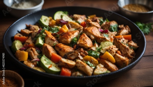 A black bowl of food with vegetables and chicken