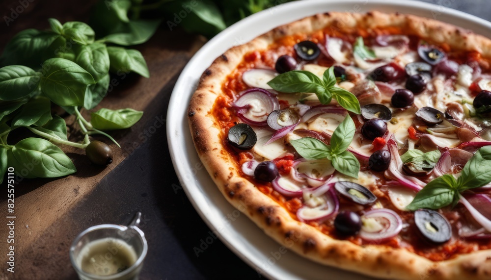 A pizza with olives, onions, and basil on top A pizza with olives, onions, and basil on top