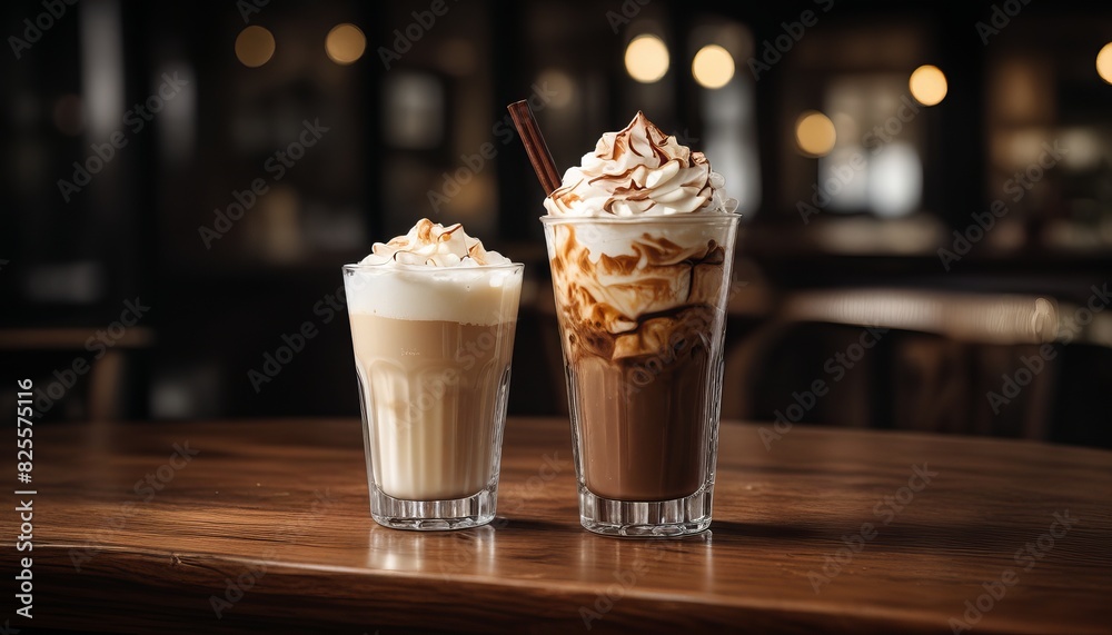 Two glasses of coffee with whipped cream on a table Two glasses of coffee with whipped cream on a table