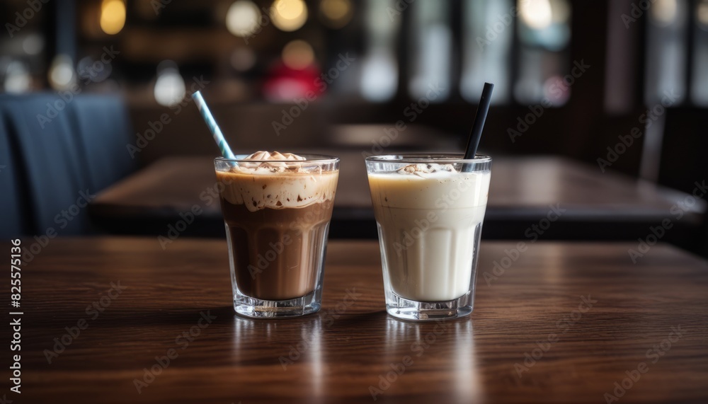 Two glasses of coffee with straws in them sit on a table Two glasses of coffee with straws in them sit on a table