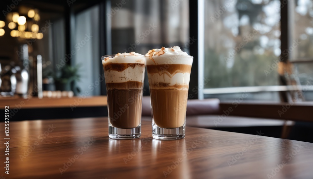Two glasses of coffee with whipped cream on a table Two glasses of coffee with whipped cream on a table