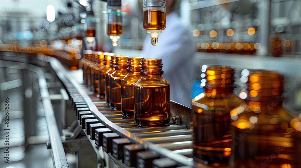 A conveyor belt with bottles of liquid on it. The bottles are being filled with a liquid and are being poured into the bottles