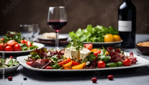 A table with a white plate of salad and a bottle of wine