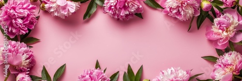 Frame made of beautiful peony flowers on pink background. Flat lay, copy space, summer flowers