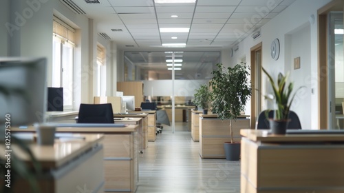 Modern open plan office space with contemporary furniture and large windows allowing natural light to illuminate the workspace for improved productivity