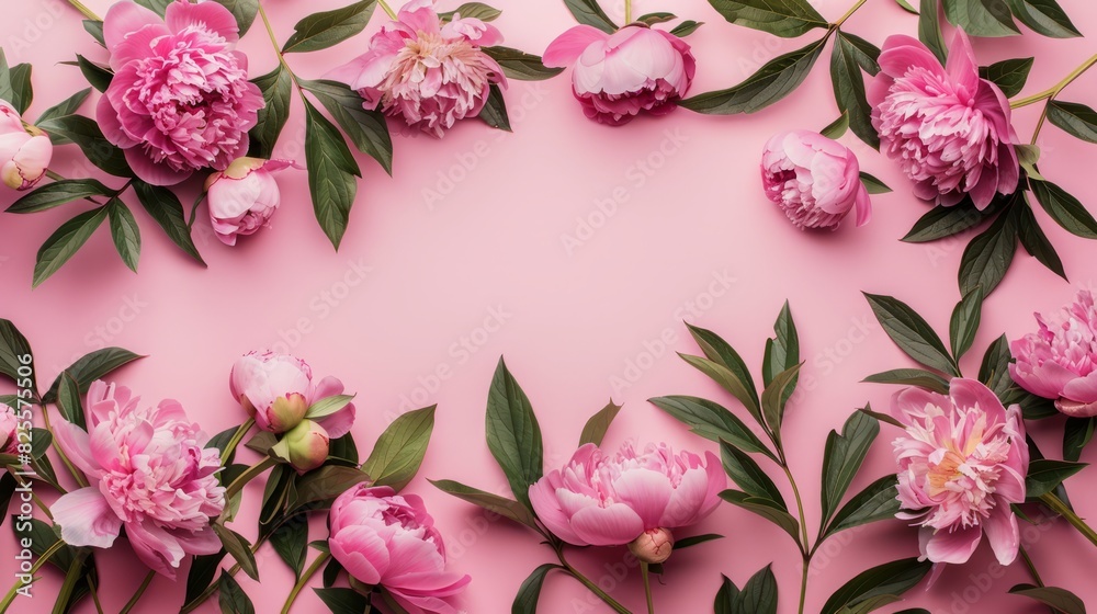 Frame made of beautiful peony flowers on pink background. Flat lay, copy space, summer flowers Frame made of beautiful peony flowers on pink background. Flat lay, copy space, summer flowers
