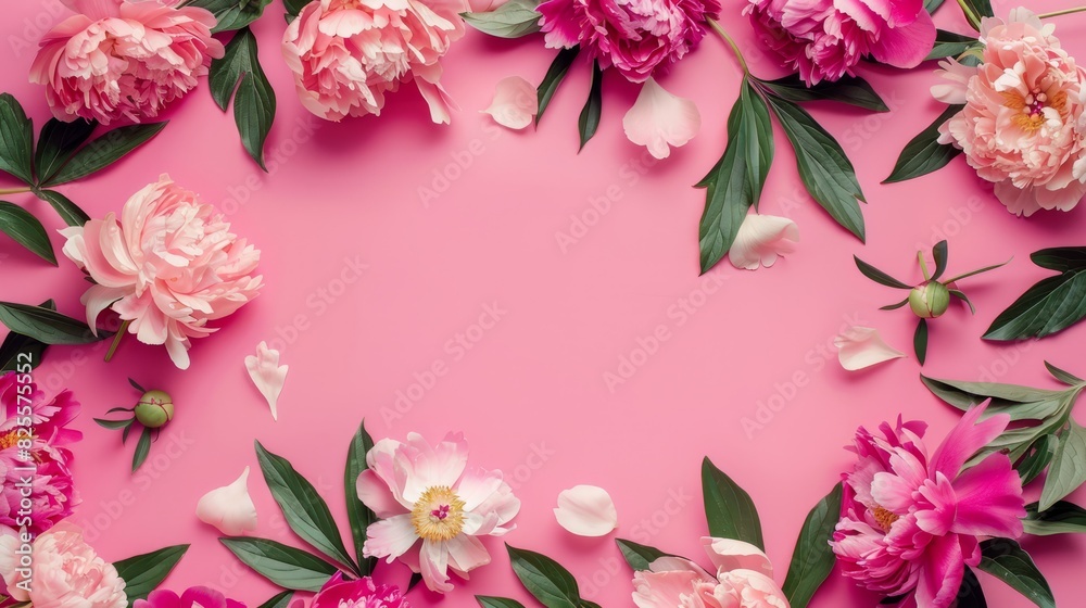 Frame made of beautiful peony flowers on pink background. Flat lay, copy space, summer flowers