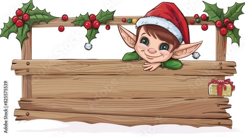 Cartoon Christmas elf peeking around decorated wooden sign and gesturing photo
