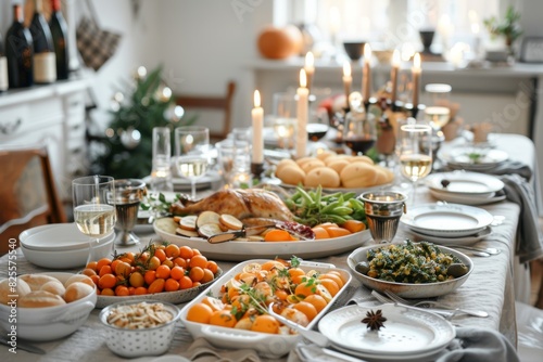 A beautifully set dining table laden with a variety of delicious food dishes, including roasted turkey, vegetables, and festive decorations, perfect for a holiday celebration