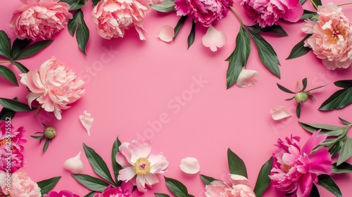 Wallpaper Mural Frame made of beautiful peony flowers on pink background. Flat lay, copy space, summer flowers Torontodigital.ca