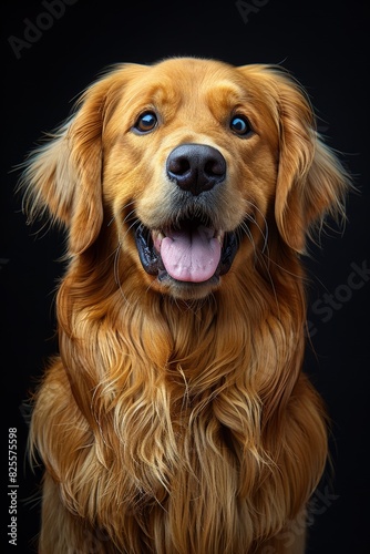 A beautiful portrait of a happy golden retriever with a shiny golden coat and a wide smile against a dark background showcasing its friendly demeanor