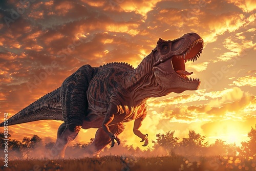 Tyrannosaurus rex roaring with rising sun in wild nature