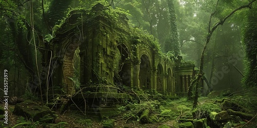 Ancient moss-covered ruins surrounded by dense forest vegetation  capturing a mysterious and overgrown jungle ambiance in vivid detail.