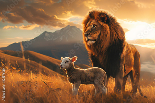 Jesus Christ: Lamb of Sacrifice, Lion of Triumph. lion and lamb standing together in the grassy meadow