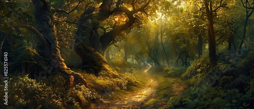 Enchanting forest path bathed in golden sunlight  surrounded by ancient trees  lush greenery  and a mystical  serene atmosphere.