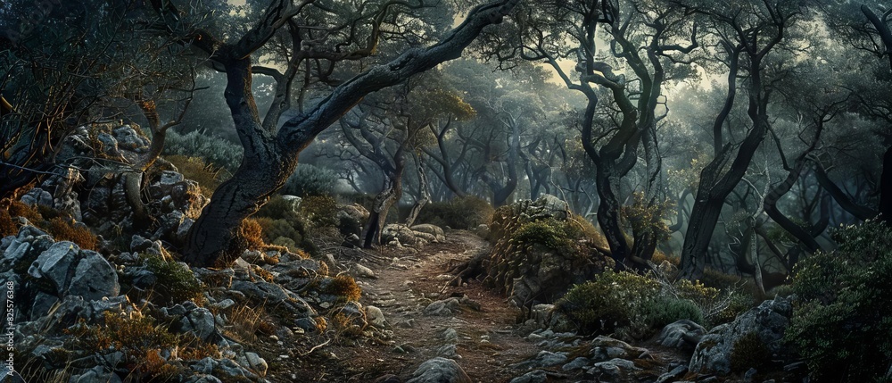 Scenic forest path through dense trees and rugged terrain under moody skies, capturing the essence of wild nature and tranquility. Scenic forest path through dense trees and rugged terrain under moody skies, capturing the essence of wild nature and tranquility.