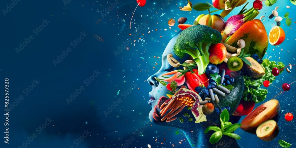 Naklejka premium Human profile made of fresh fruits and vegetables, set against a blue background, symbolizing healthy eating and nutrition with ample copyspace.
