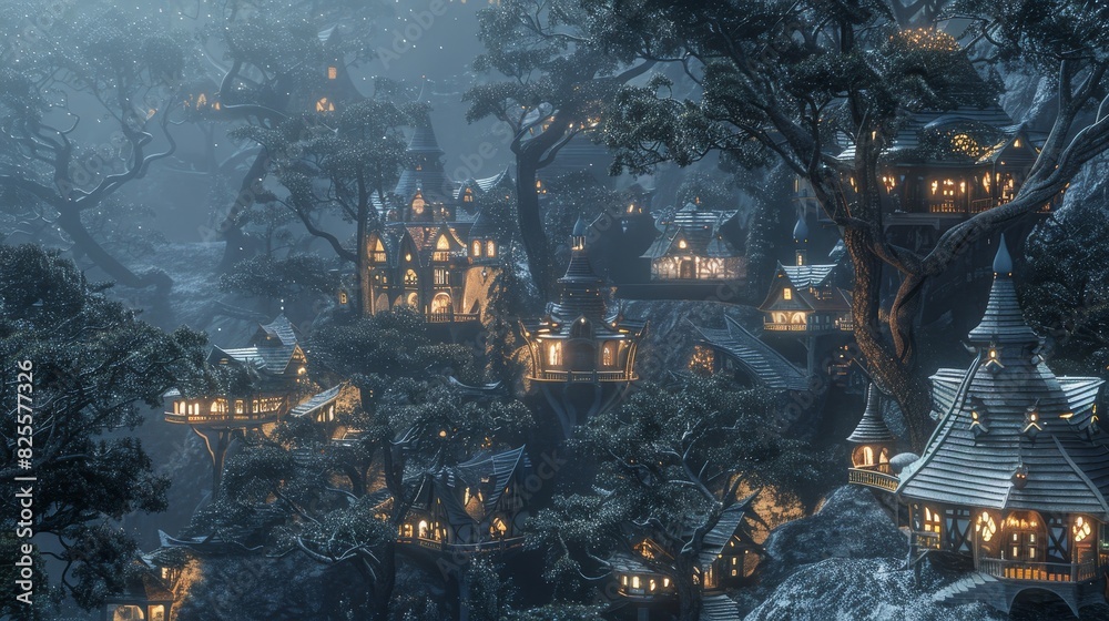 a fantasy village with a lot of lights on the trees