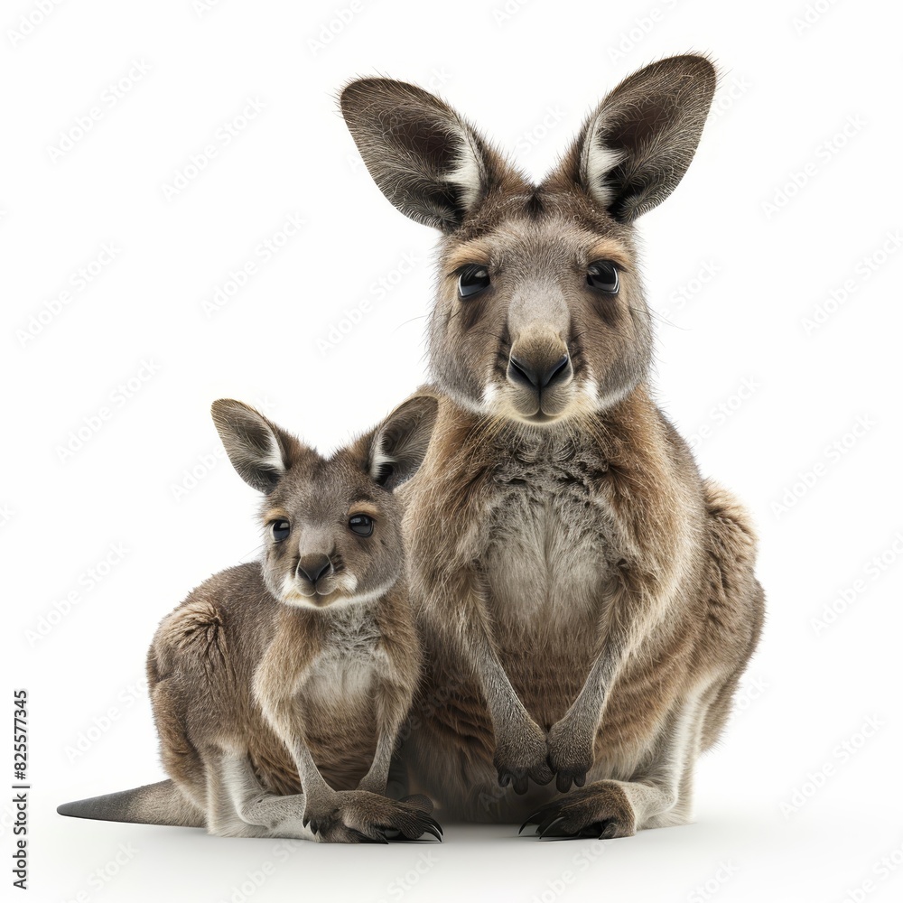 a kangaroo and a baby kangaroo standing together on a white background a kangaroo and a baby kangaroo standing together on a white background