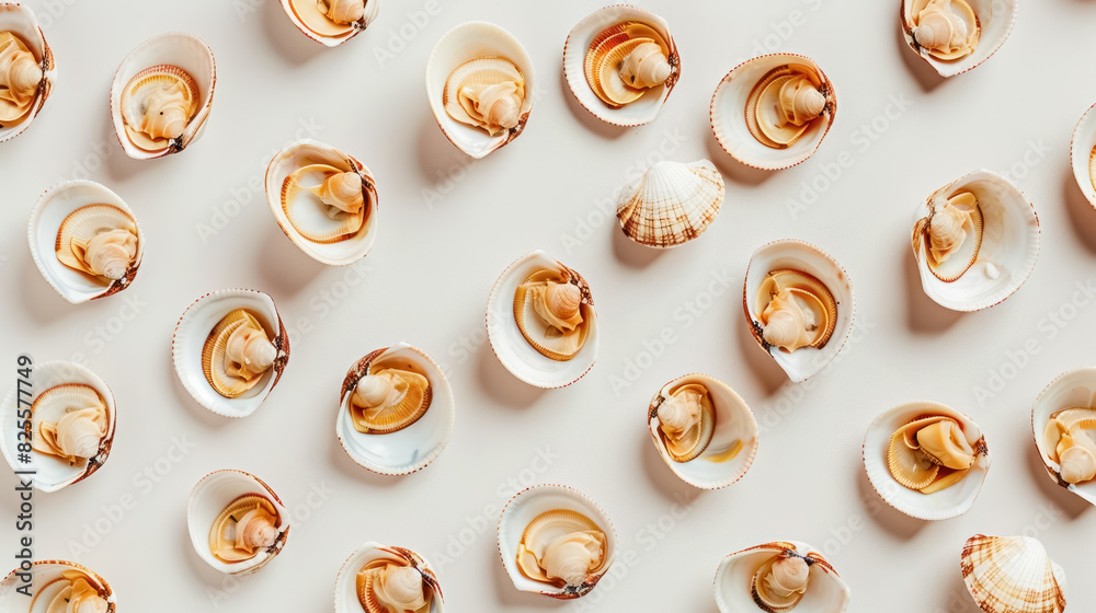top view of fried clam shells arranged in a pattern on neutral background top view of fried clam shells arranged in a pattern on neutral background