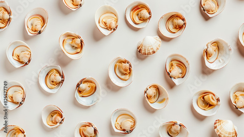 top view of fried clam shells arranged in a pattern on neutral background photo
