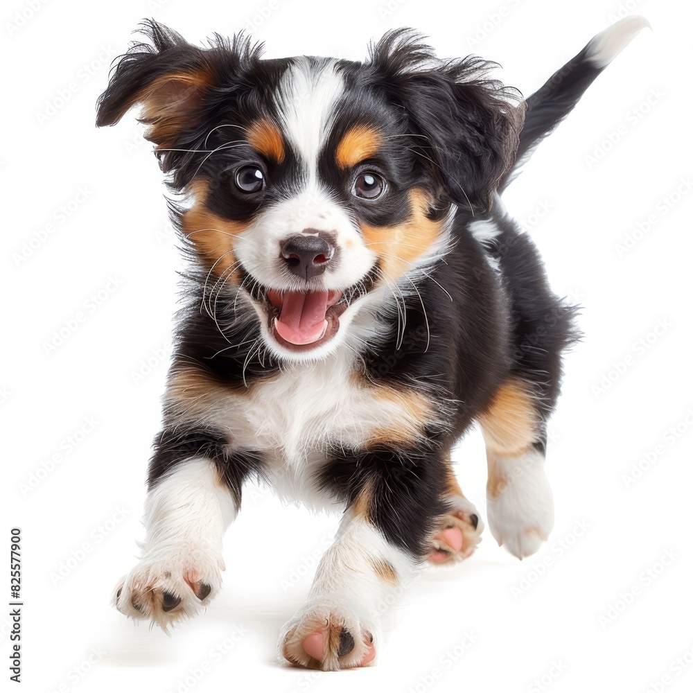 a small black and white puppy running with its mouth open a small black and white puppy running with its mouth open