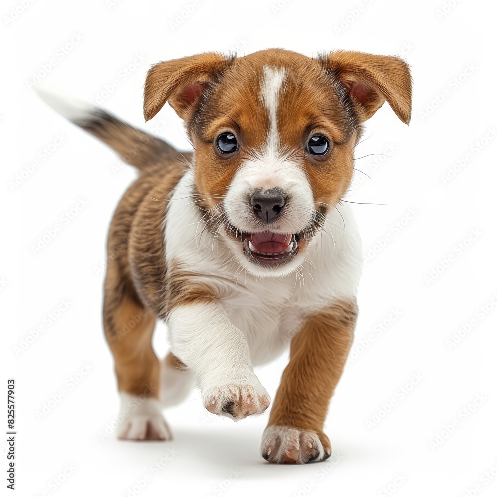 a small brown and white puppy running towards the camera a small brown and white puppy running towards the camera