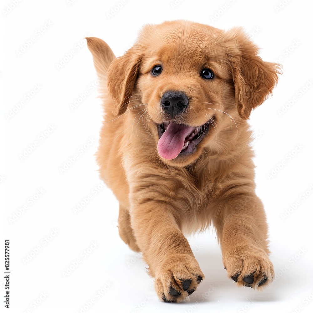 a puppy running and smiling on a white background