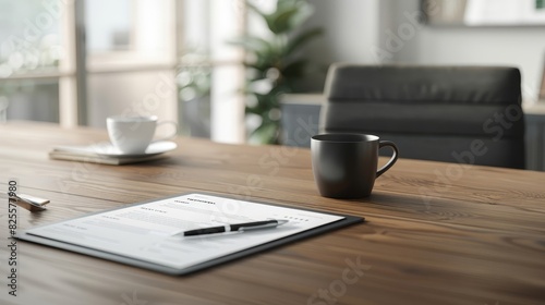 a desk with a cup of coffee and a pen on it © LUPACO IMAGES
