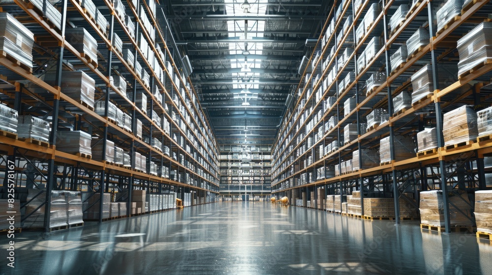 A large warehouse with many shelves and boxes. The boxes are stacked on top of each other and the shelves are filled with them. The warehouse is very large and has a lot of space A large warehouse with many shelves and boxes. The boxes are stacked on top of each other and the shelves are filled with them. The warehouse is very large and has a lot of space