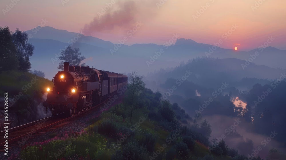 a train traveling along a mountain side at sunset