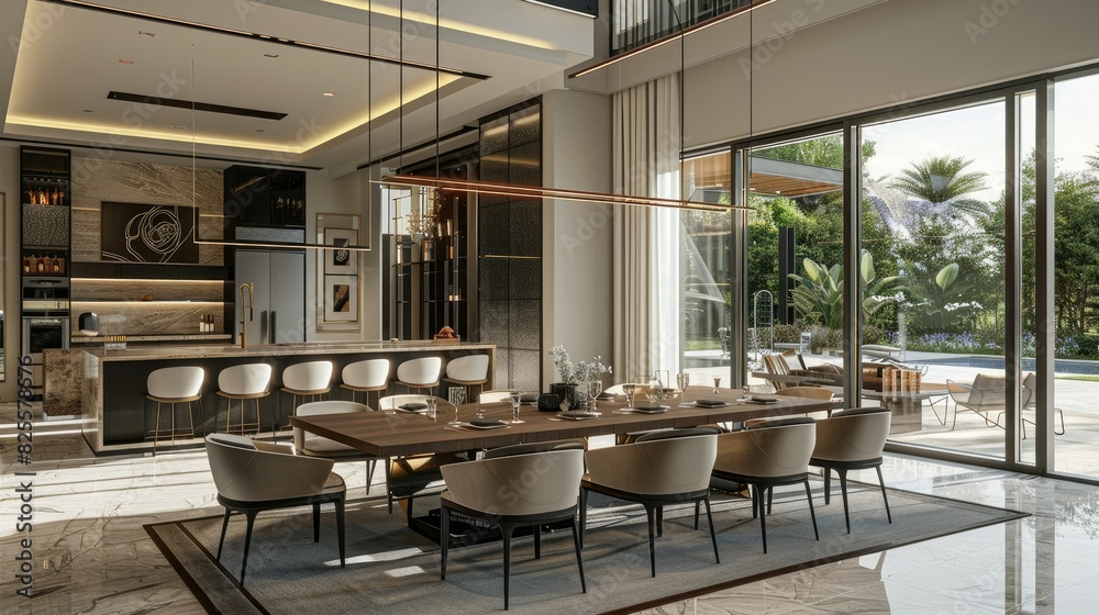 A contemporary dining area with a large table, designer chairs, and an open-plan layout A contemporary dining area with a large table, designer chairs, and an open-plan layout