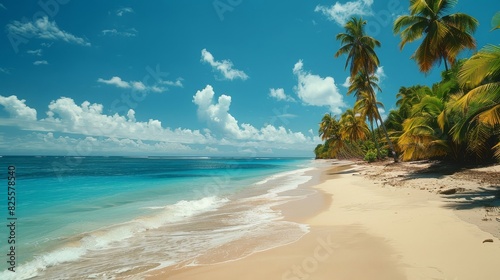 a beach with palm trees and a blue ocean