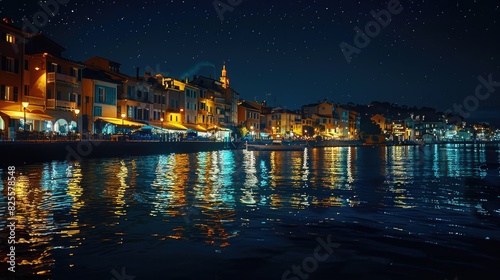 A coastal town at night, with reflections of streetlights and buildings shimmering on the sea