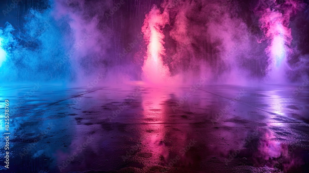 A series of colorful smoke trails are floating in the air. The smoke is purple, blue, and pink, creating a vibrant and dynamic atmosphere. The scene is reminiscent of a futuristic or sci-fi setting