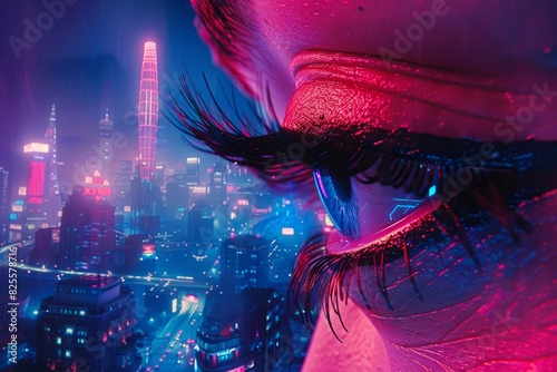 Eye reflecting neon signs and urban chaos, a vibrant tableau of the night city's pulsating energy and dynamic life photo