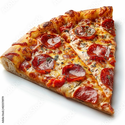 a slice of pepperoni pizza on a white surface