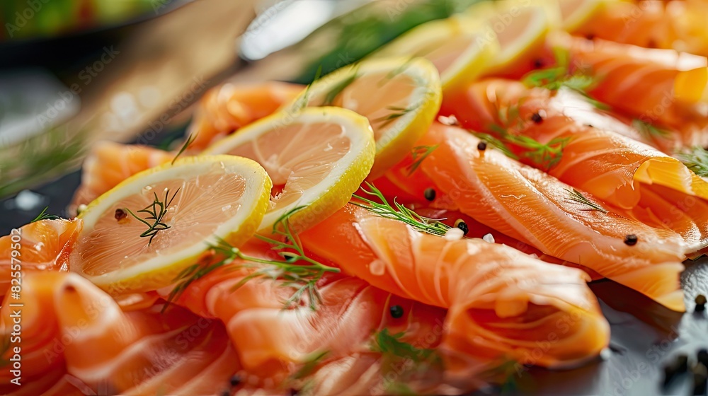 A serving of thinly sliced salmon, arranged elegantly with garnishes of lemon and dill sprigs A serving of thinly sliced salmon, arranged elegantly with garnishes of lemon and dill sprigs