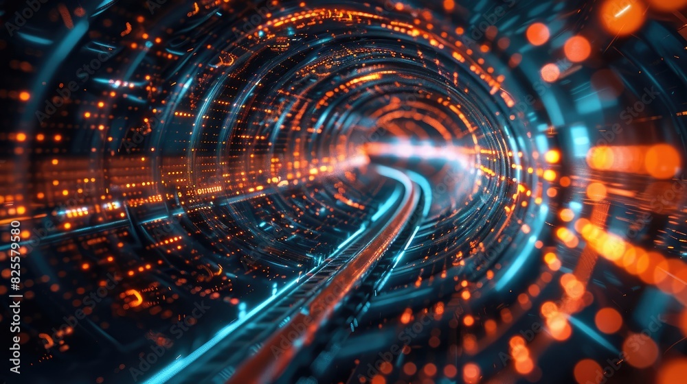 A tunnel with a blue and orange light. The tunnel is very long and has a lot of lights A tunnel with a blue and orange light. The tunnel is very long and has a lot of lights