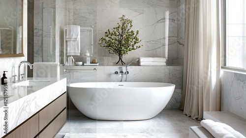 A sophisticated  modern bathroom with a freestanding tub  sleek fixtures  and marble accents