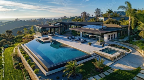 A stunning, contemporary home with an infinity pool, large patio, and panoramic views